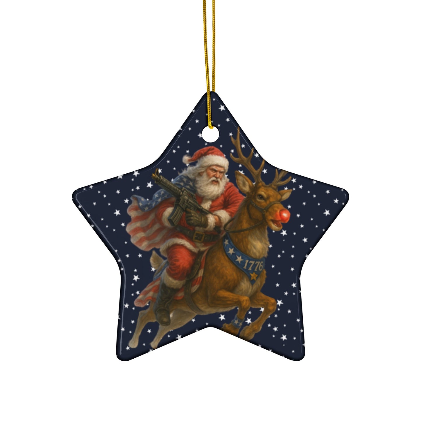 1776 Armed‑Santa Patriot Ornament – Rudolph Ride in Circle or Star Ceramic - Tree Treasures