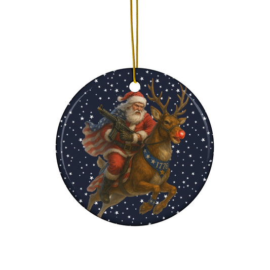 1776 Armed‑Santa Patriot Ornament – Rudolph Ride in Circle or Star Ceramic - Tree Treasures