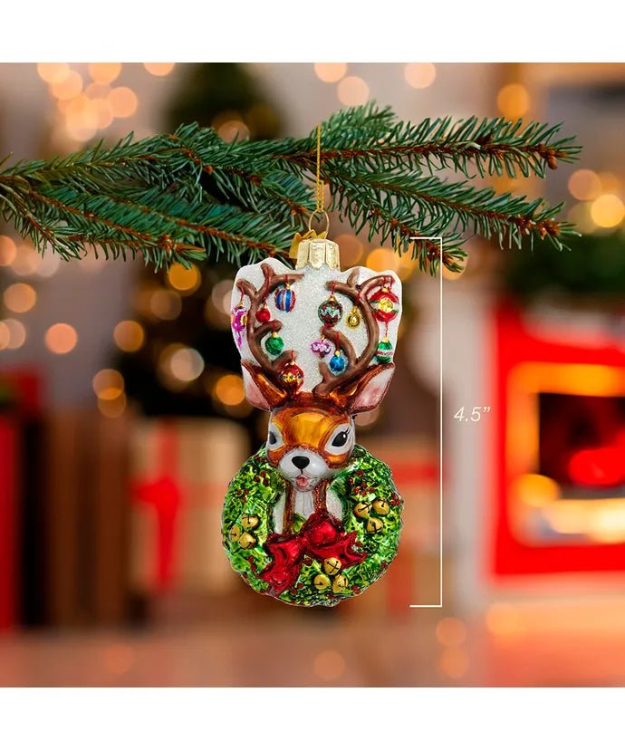 4.5 - Inch Traditional Deer with Wreath Glass Ornament – Noble Gems - Tree Treasures