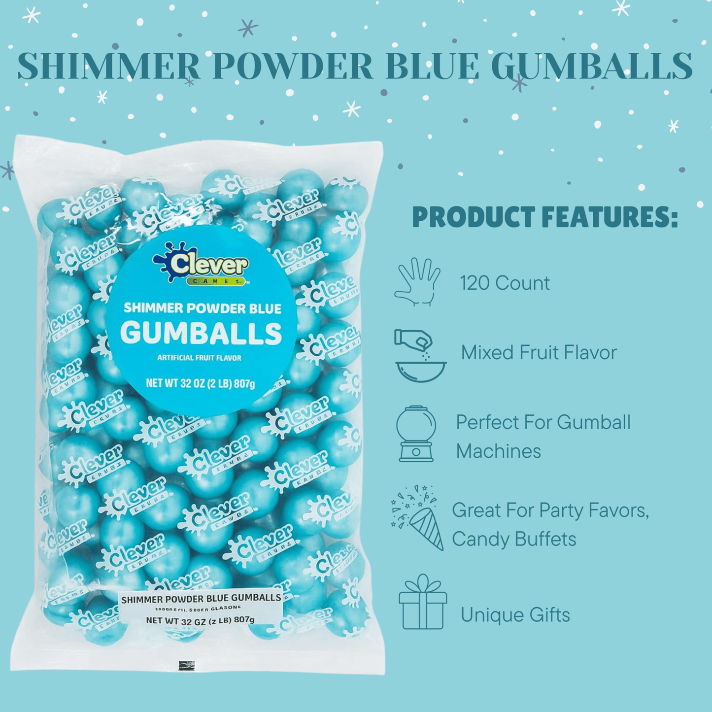 Blue Shimmer Gumballs 1 Inch – Bulk 120 Count – Mixed Fruit Flavor Bubble Gum Balls for Gumball Machine & Classy Party Buffets - Tree Treasures