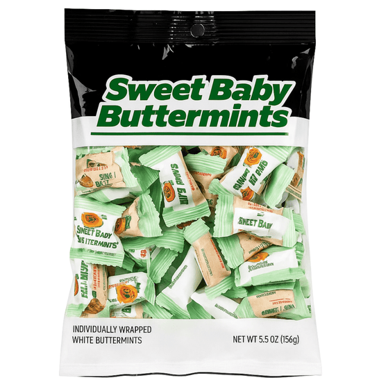 BUTTERMINTS SWEET BABY WRAPPED 5.75 OZ PEG BAG : Buttermints, Individually Wrapped, 5.75oz Bag, SWEET BABY - Tree Treasures