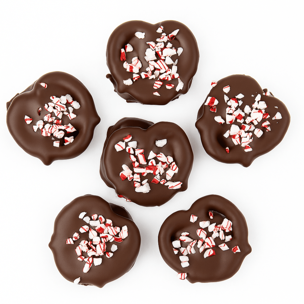 Dark Chocolate Caramel Pretzels with Crushed Peppermint - Tree Treasures