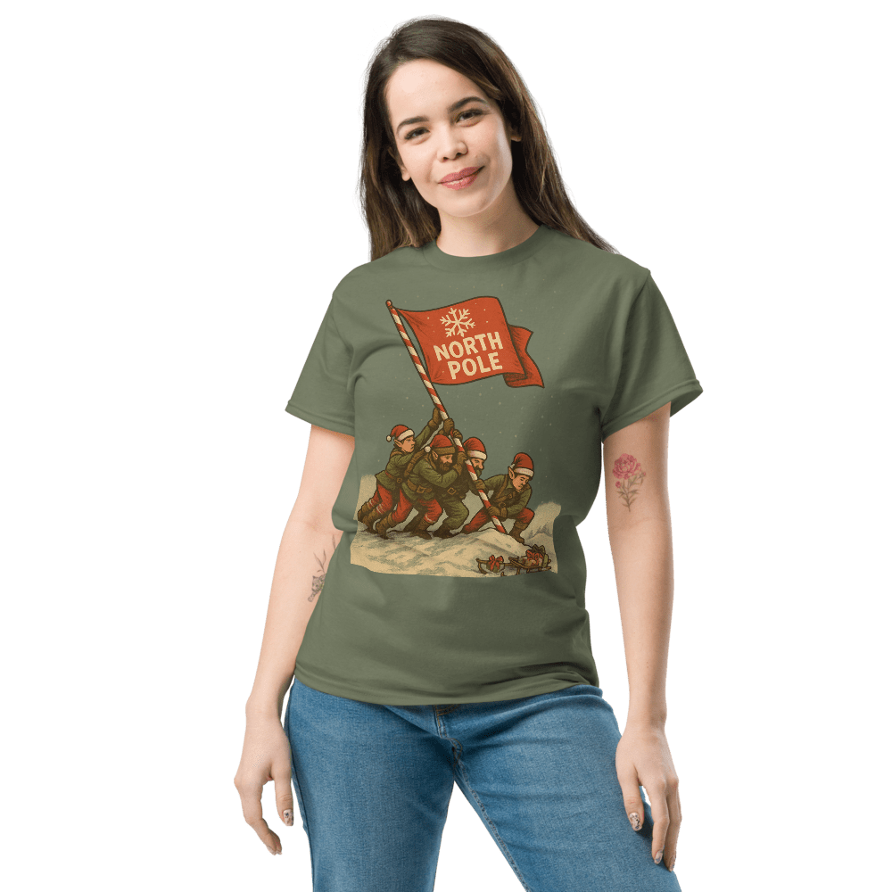 Elves Raising the North Pole Flag – Funny Christmas Tee - Tree Treasures