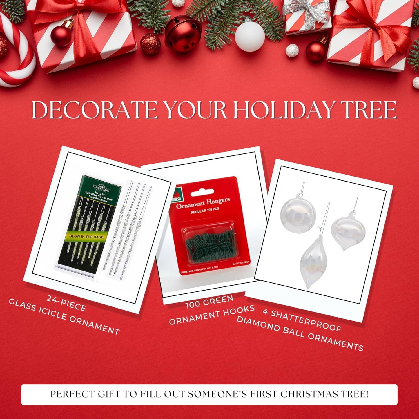 First House Christmas Ornament Kit 2025 – Diamond Iridescent Balls, Glow Icicles & 100 Hooks | New Home Gift for Couples, Housewarming & Holiday Décor - Tree Treasures