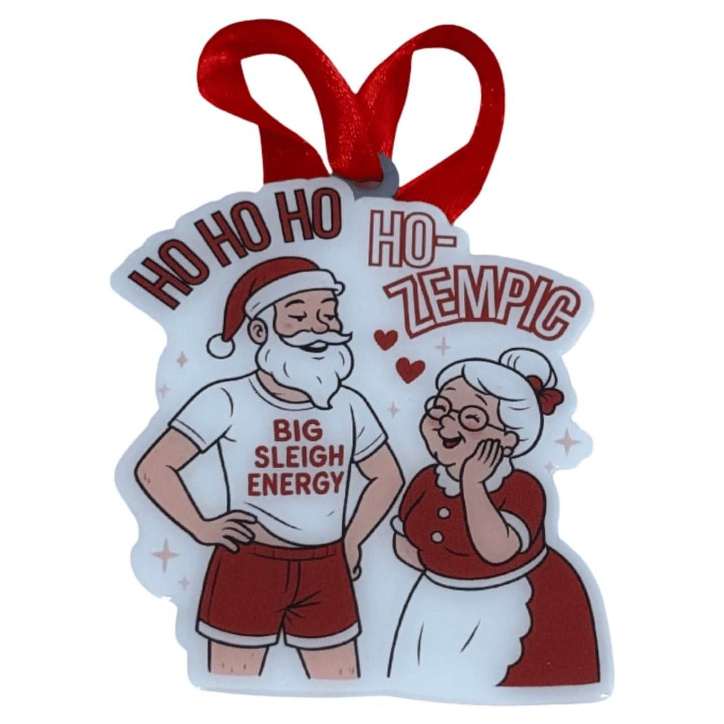 Funny Hozempic Christmas Ornament – Big Sleigh Energy Santa & Mrs. Claus – Metal Xmas Tree Decoration for Adults – White Elephant, Dirty Santa, Office Christmas Party, Christmas in July Gag Gift - Tree Treasures