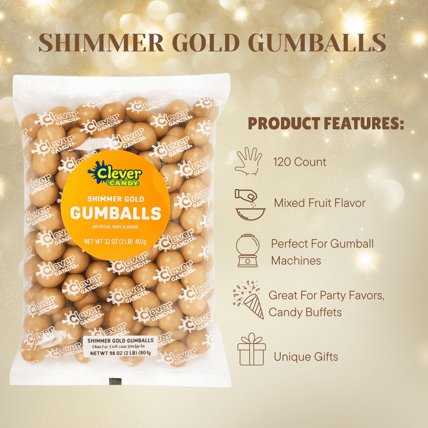 Gold Shimmer Gumballs 1 Inch – Bulk 120 Count – Mixed Fruit Flavor Bubble Gum Balls for Gumball Machine & Classy Party Buffets - Tree Treasures