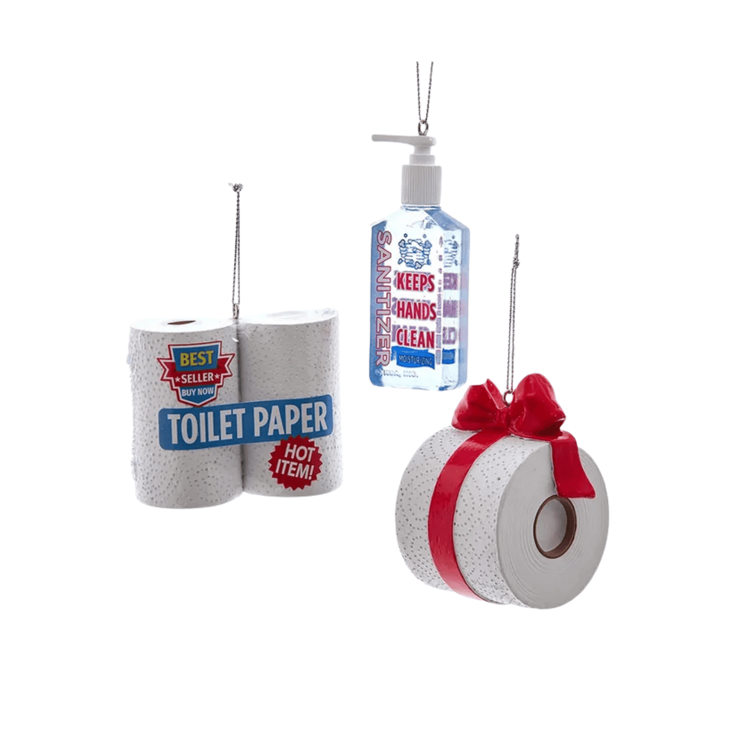 Hand Sanitizer and Toilet Paper Ornaments, 3 Assorted – Funny Pandemic - Inspired Holiday Décor - Tree Treasures