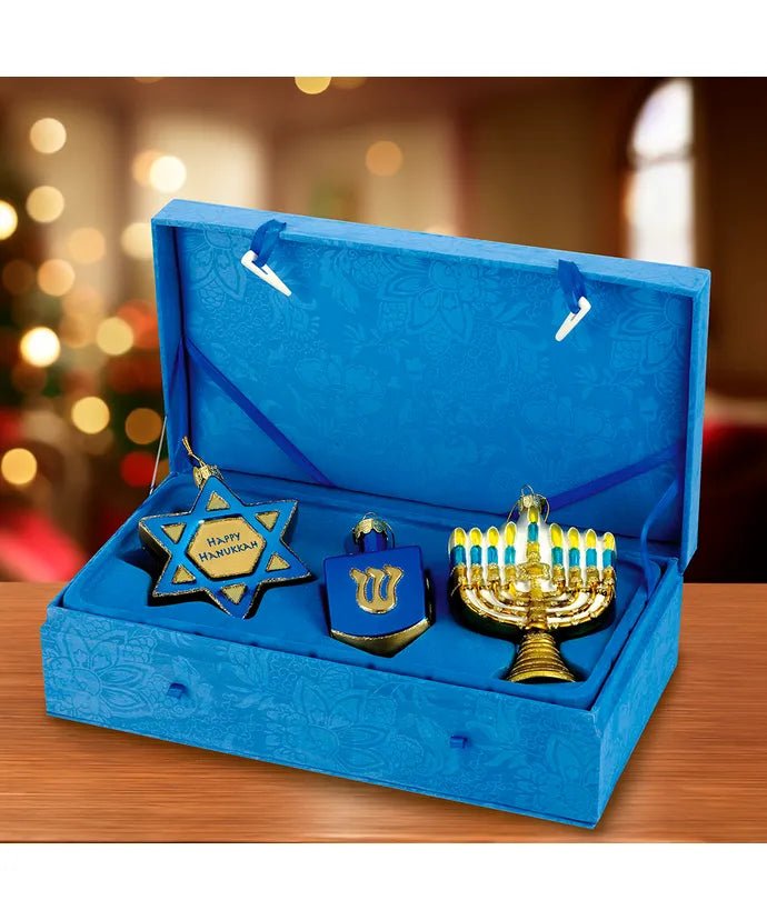 Hanukkah Ornament Set – 3 - Piece Glass – Noble Gems - Tree Treasures