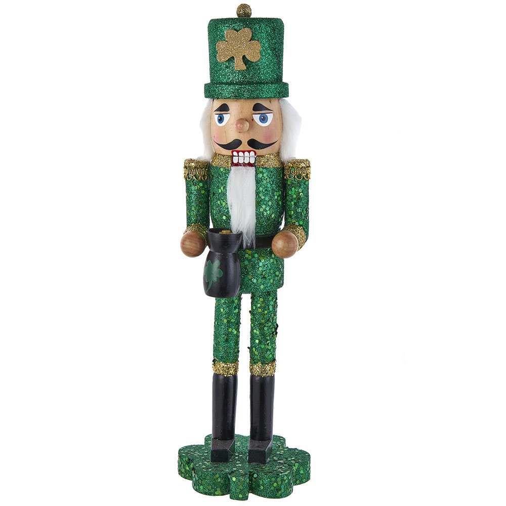 KURT ADLER 15" WOODEN IRISH NUTCRACKER ON SHAMROCK - Tree Treasures