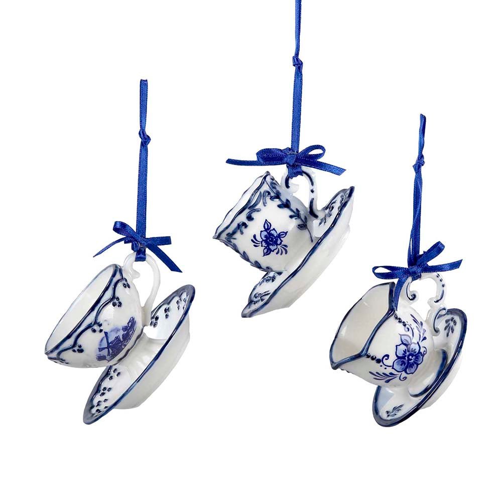 KURT ADLER 2" PORCELAIN DELFT BLUE CUP AND SAUCER ORNAMENT 3 ASSORTED - Tree Treasures