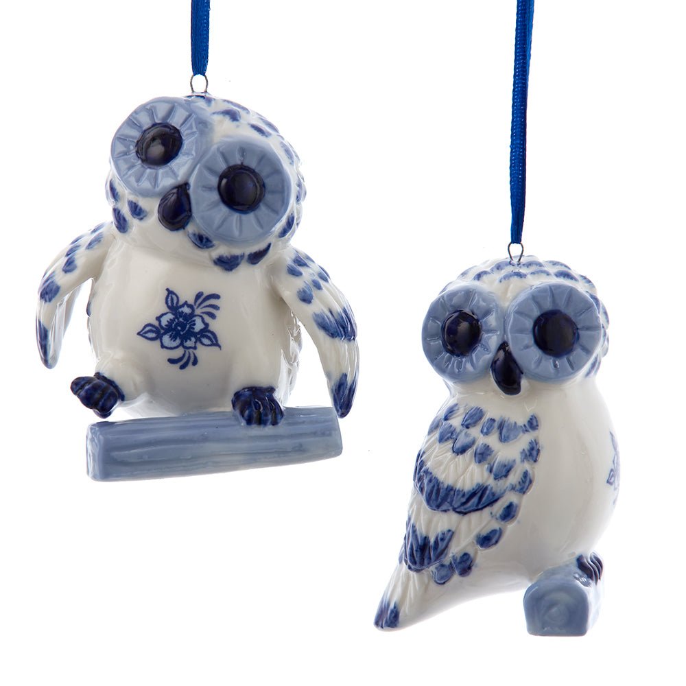 KURT ADLER 3" DELFT BLUE PORCELAIN OWL ORNAMENT 2 ASSORTED - Tree Treasures