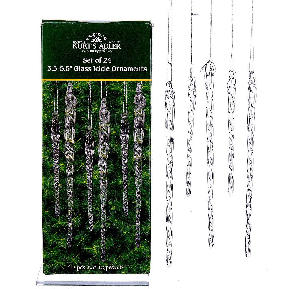 KURT ADLER 3.5 - 5.5" CLEAR GLASS ICICLE ORNAMENTS 24 PIECES - Tree Treasures