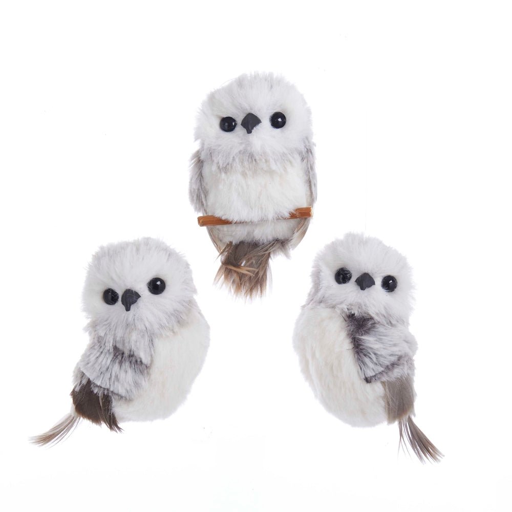 KURT ADLER 3.9" GRAY WITH WHITE FUR OWL ORNAMENT 3 ASSORTED - Tree Treasures