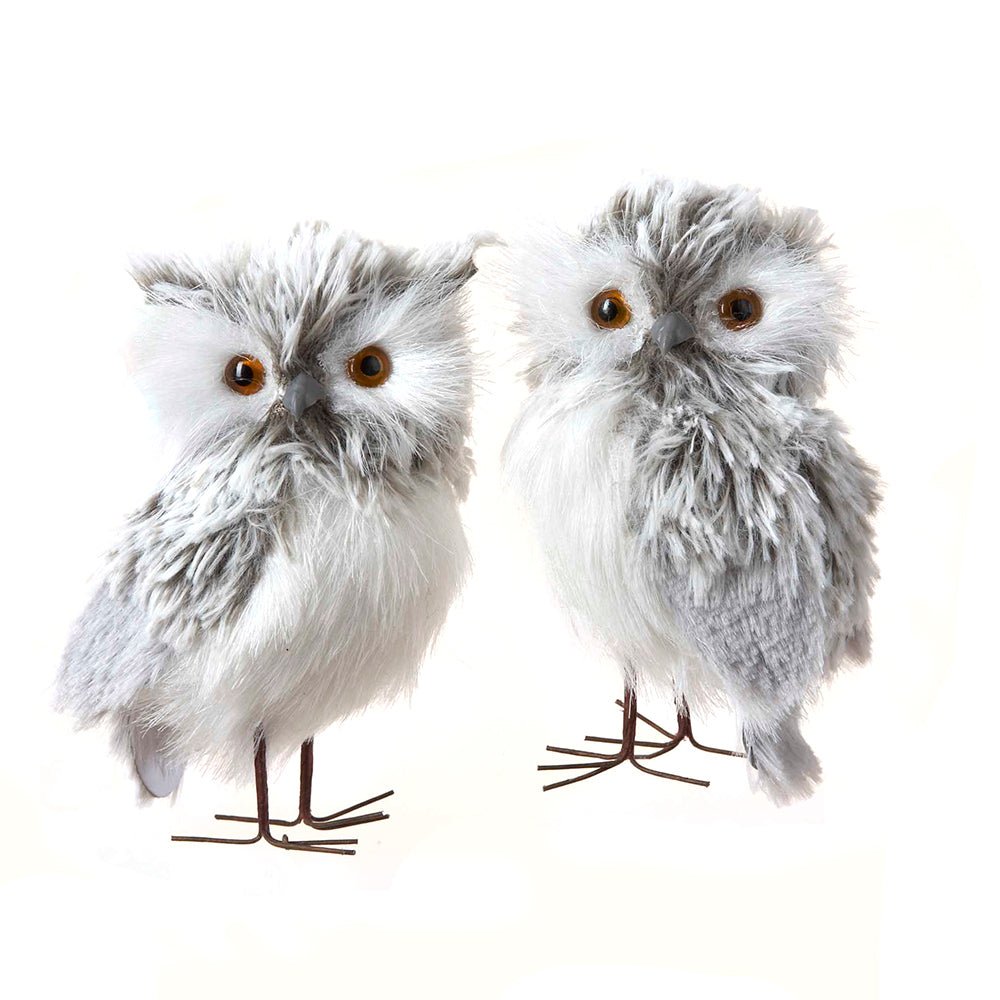KURT ADLER 5" PAIR OF FURRY GRAY OWLS SET 2 PIECES - Tree Treasures