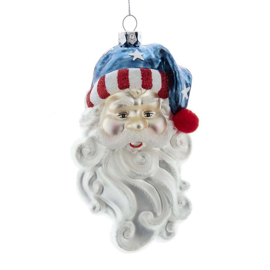 KURT ADLER 5.5" GLASS SANTA HEAD WITH PATRIOTIC HAT - Tree Treasures