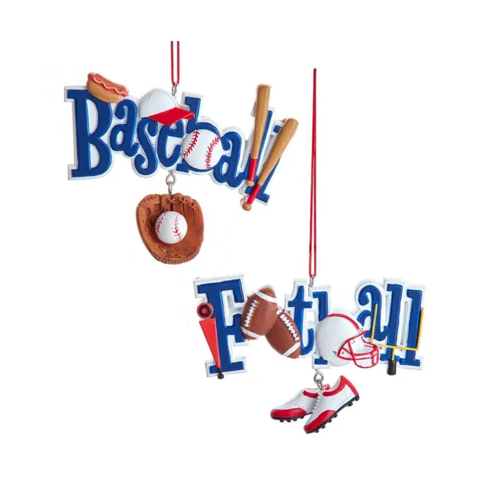 Two assorted word ornaments combining football and baseball with stars, 4 inches
