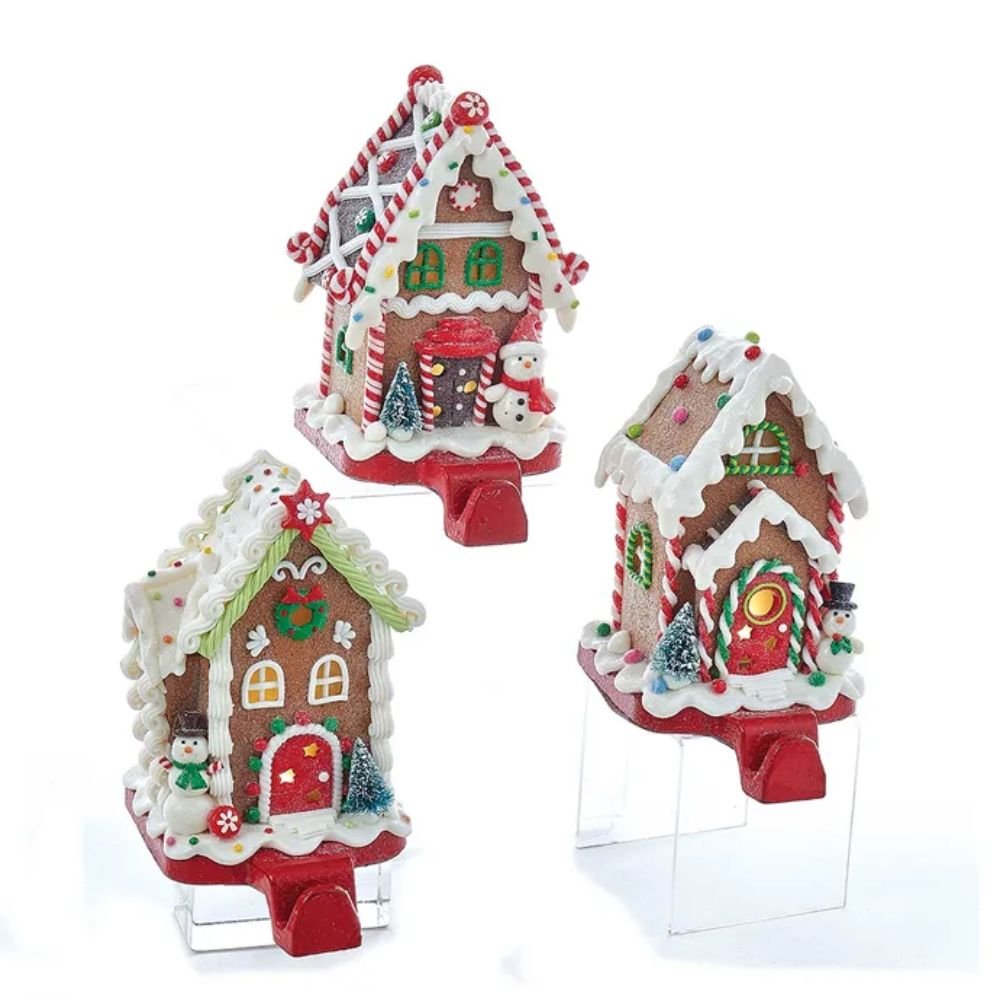 Kurt Adler Battery - Operated Gingerbread Candy House Lighted Stocking Hangers, Set of 3, 6 Inches - Tree Treasures