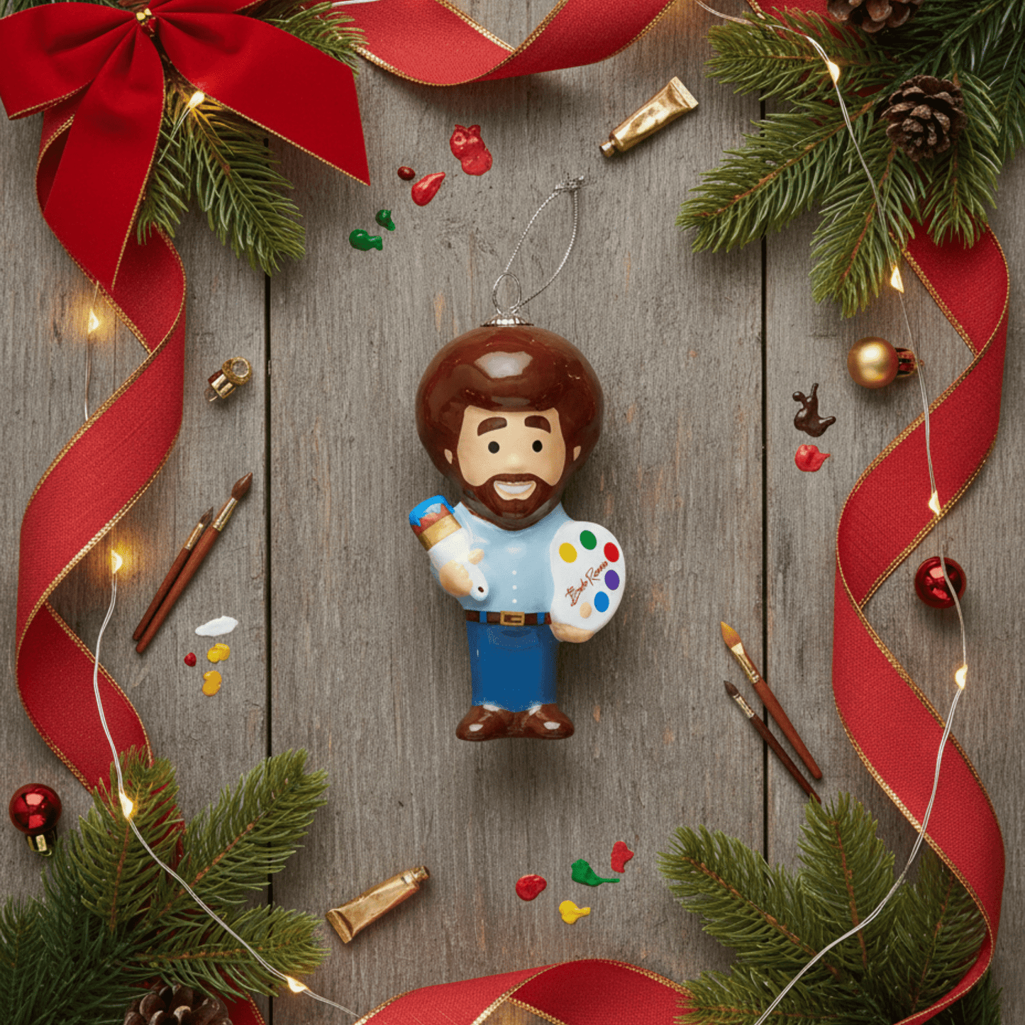 Kurt Adler Bob Ross® with Palette Decoupage Ornament, 3.5 Inches - Tree Treasures