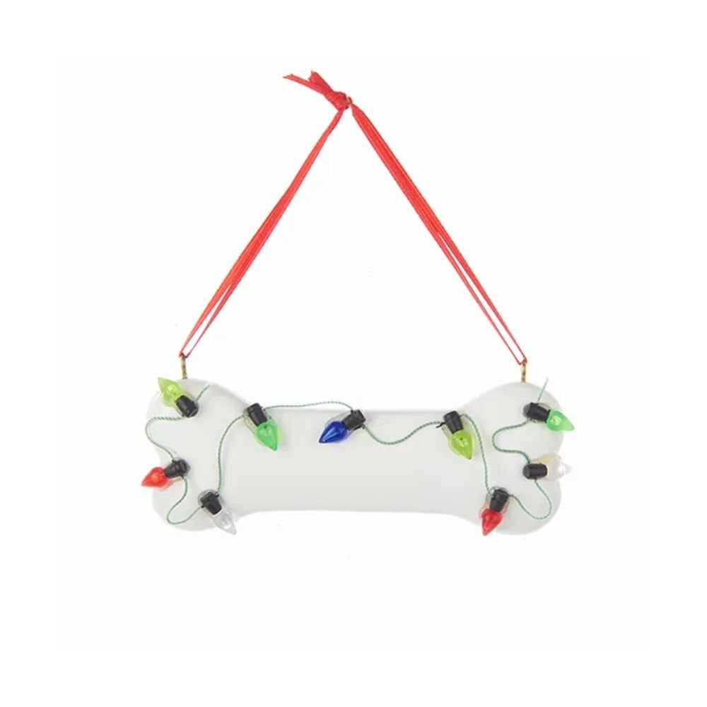 Bone-shaped dog ornament with holiday lights and personalization tag, 4 inches