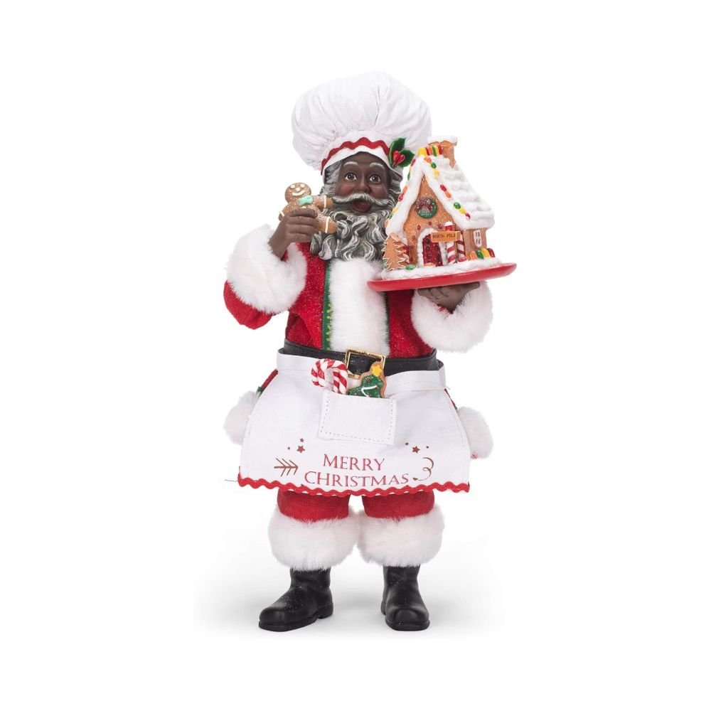 Holiday decoration featuring Fabriché™ African American Gingerbread Chef Santa Figurine, 10.5 Inches