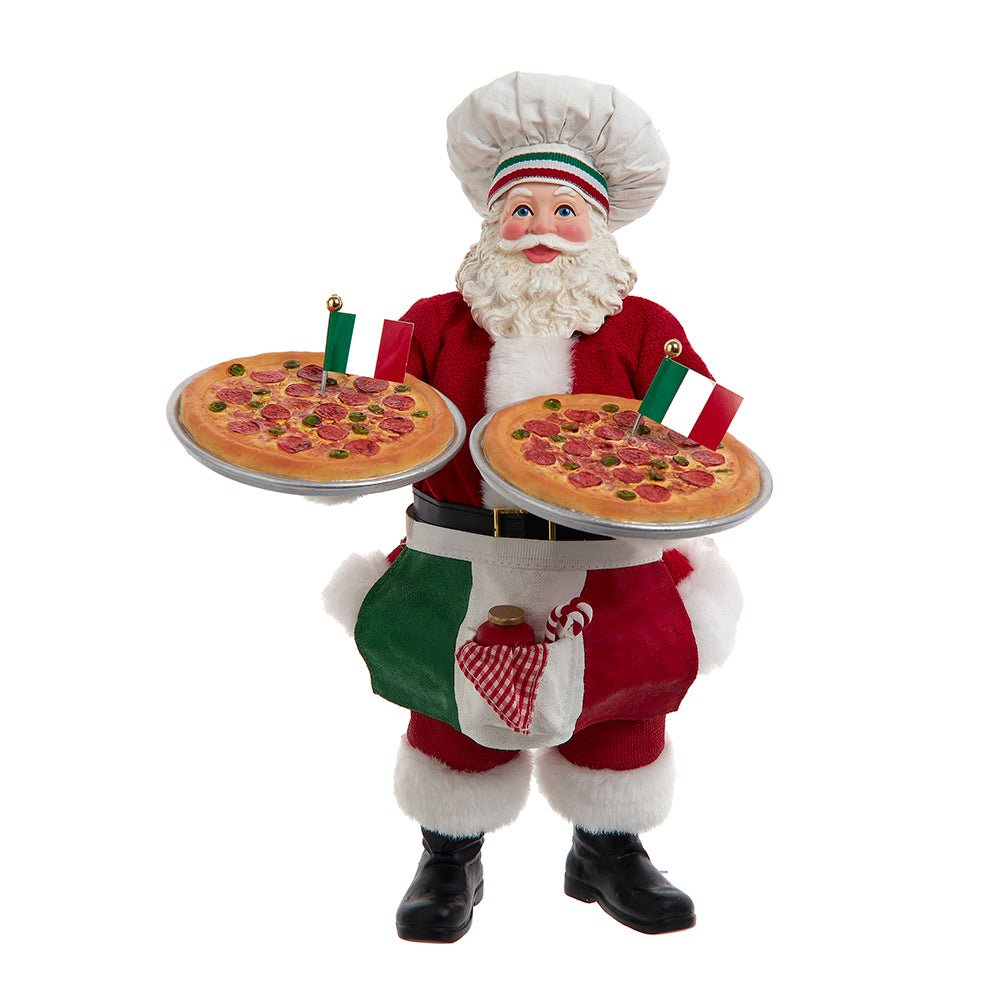 Chef Santa holding two pizzas with red apron and tall white hat in an 11-inch statue