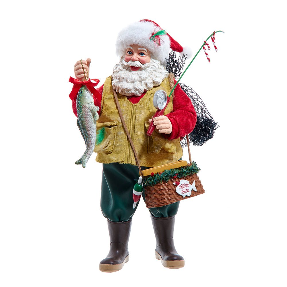Fisherman Santa holding a fishing rod and basket, decked in ocean-themed clothes
