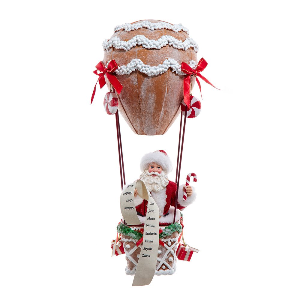 Santa in hot air balloon with gifts, soaring holiday decoration, 12 inch