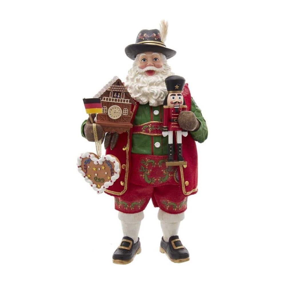 Holiday decoration featuring Fabriché™ Musical German Santa Figurine, 11 Inches