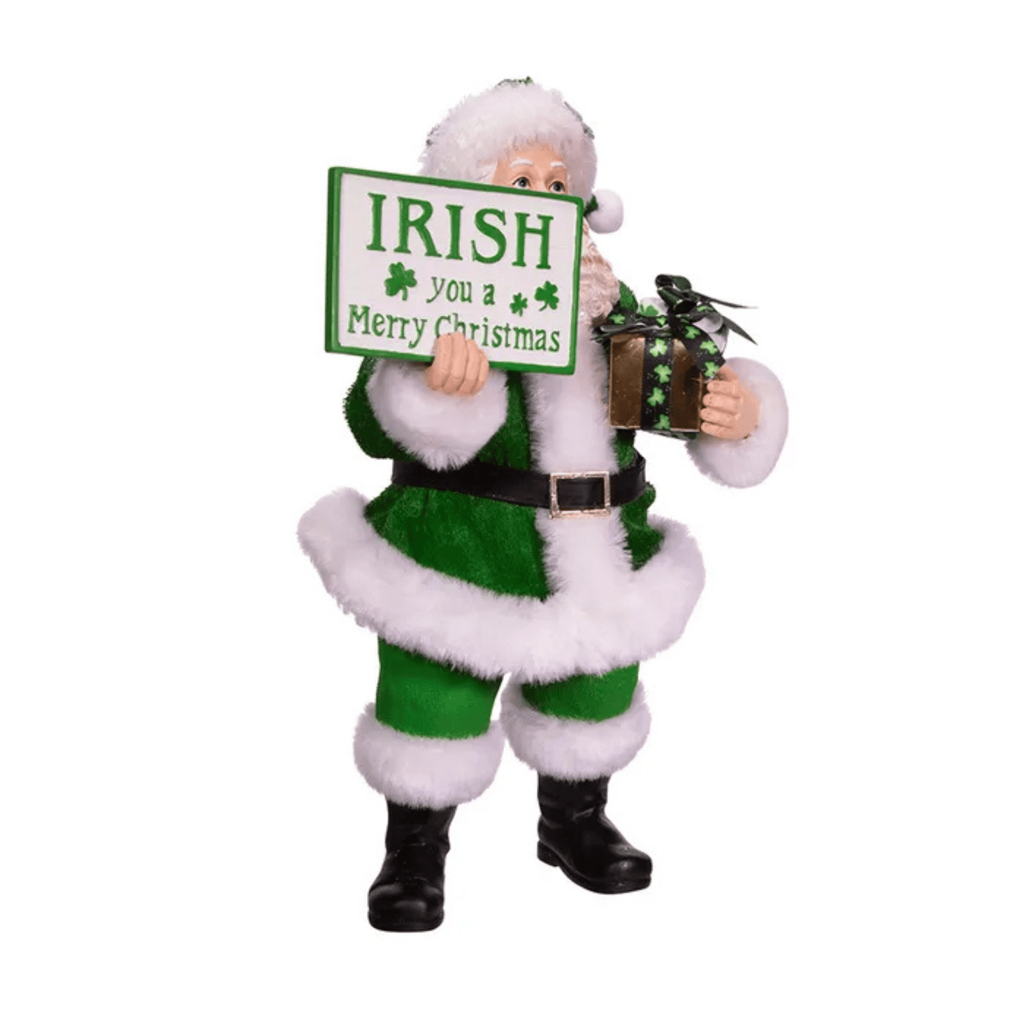 Kurt Adler Fabriché™ Musical Irish Santa Figurine Holding a Sign, 10.5 Inches - Tree Treasures
