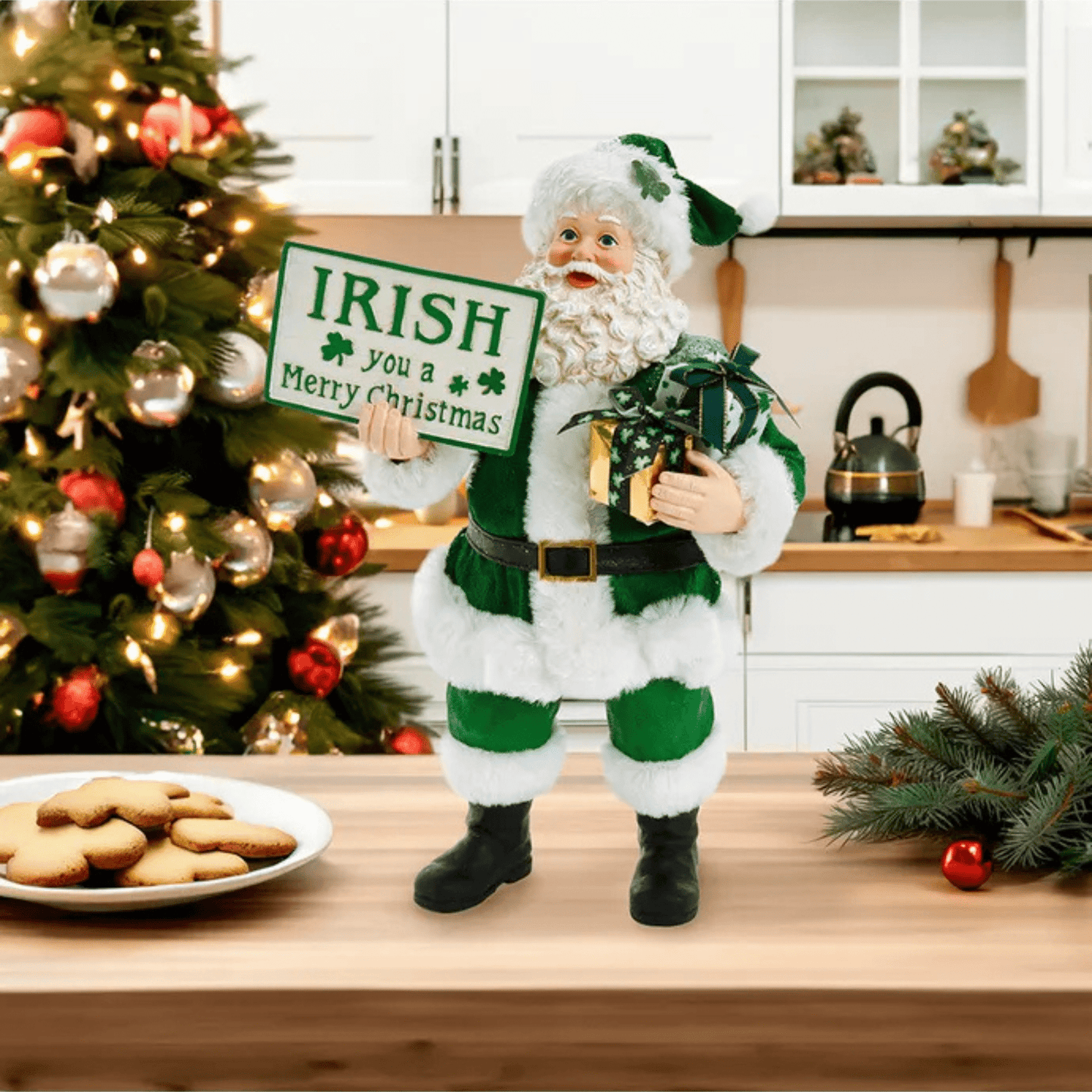Kurt Adler Fabriché™ Musical Irish Santa Figurine Holding a Sign, 10.5 Inches - Tree Treasures