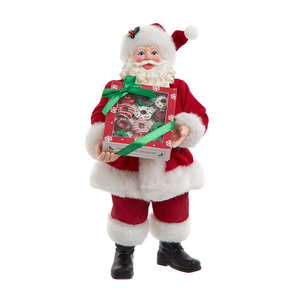 Santa holding box of donuts, humorous 10.5 inch holiday figure by Fabriché