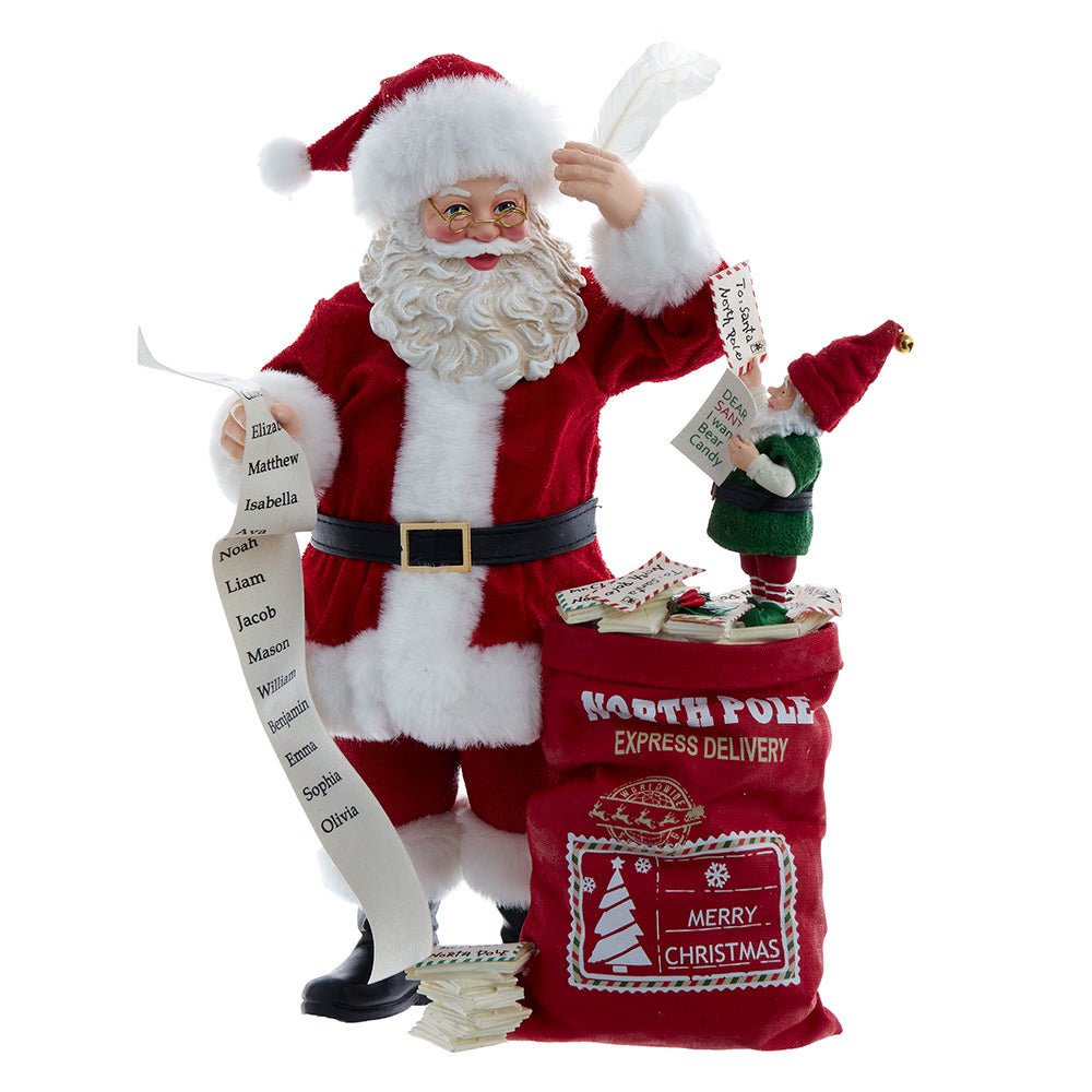 Santa figurine holding letters and an elf helper, 10.5 inch Christmas decoration