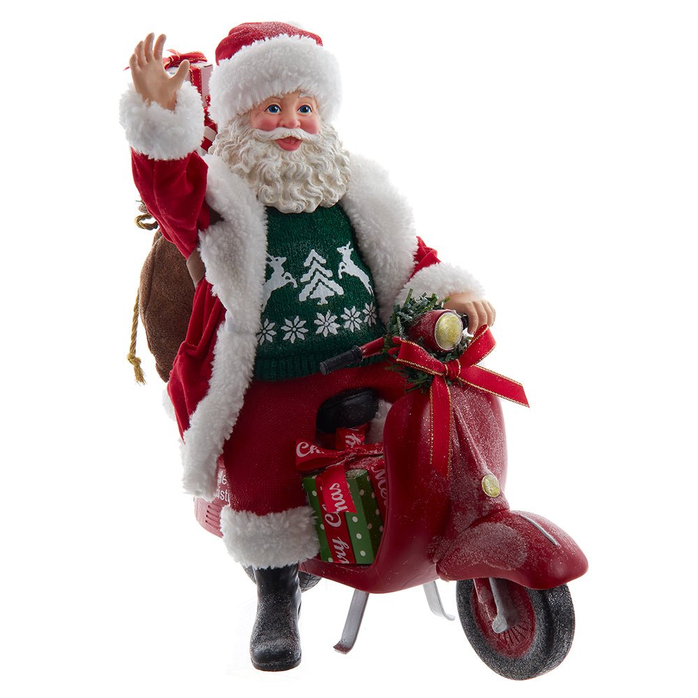 Santa Claus riding red scooter with gifts, 10 inch motion-themed Christmas figure