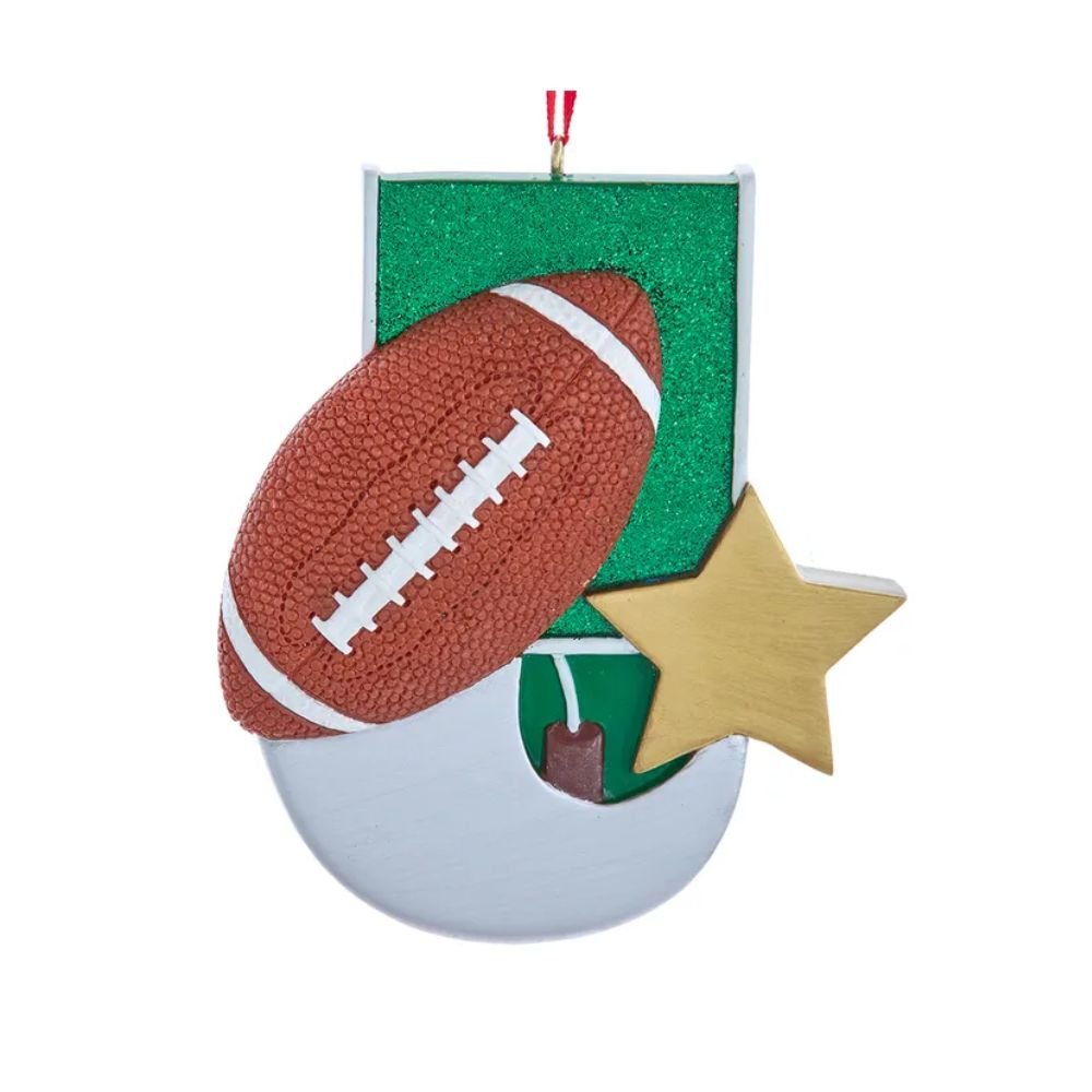 Star football ornament with space to write names and hang on tree, personalized