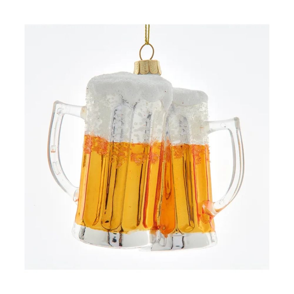 Cheers beer mug ornament set with frothy tops and glass transparency detail