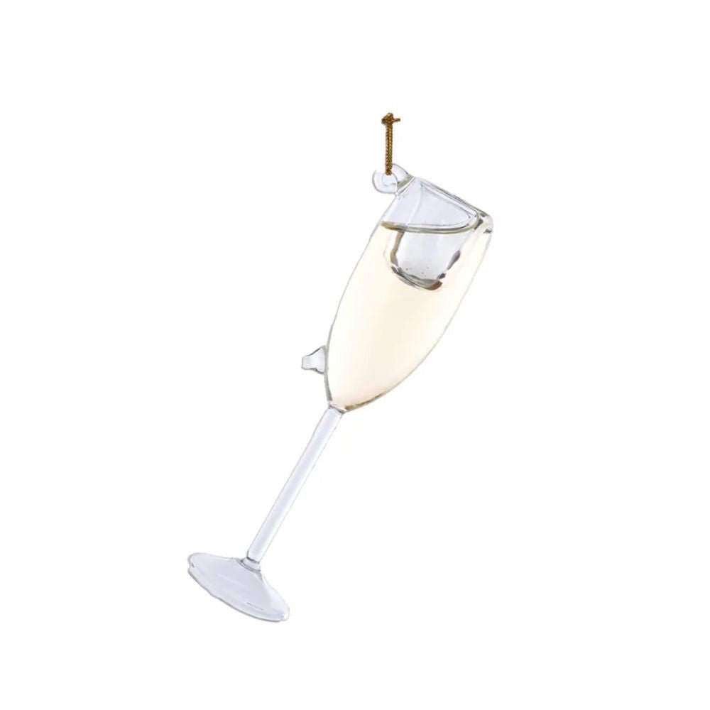 Glass champagne ornament with golden stem and tiny bubbles inside for elegance