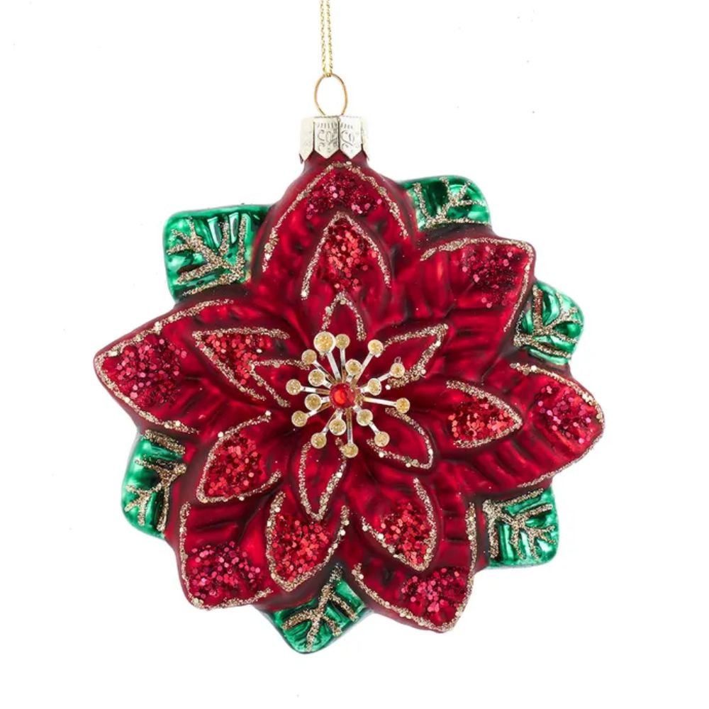 Kurt Adler Glass Poinsettia Ornament, 4.5 Inches - Tree Treasures