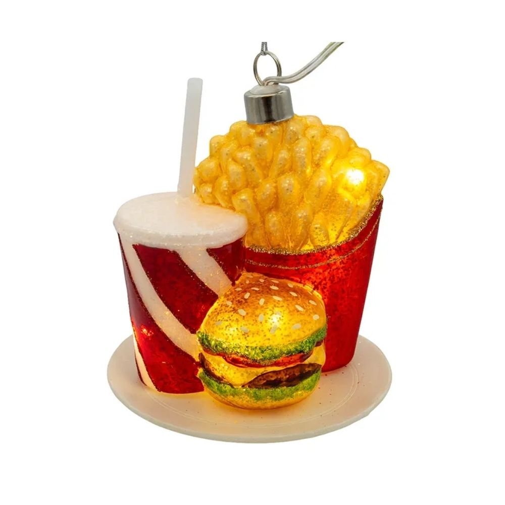 Kurt Adler Glass USB Warm White LED Fairy Light Fast Food Meal Ornament, 4 - inches - Tree Treasures