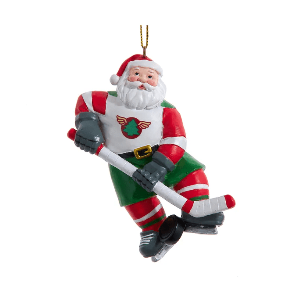 Santa in hockey gear holding a stick and puck, 4-inch Christmas ornament