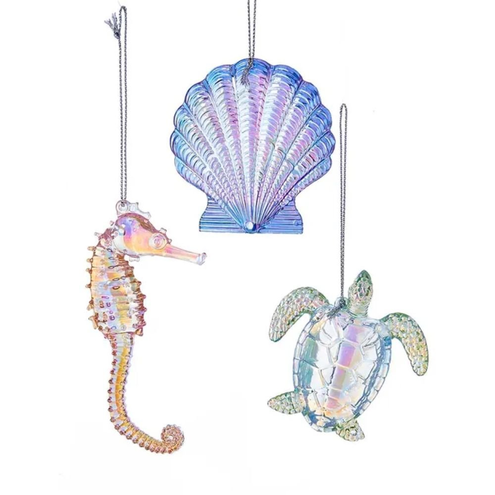 Kurt Adler Iridescent Sea Shell, Turtle and Sea Horse Ornaments, Set of 3, 2.5 - 3.75 Inches - Tree Treasures