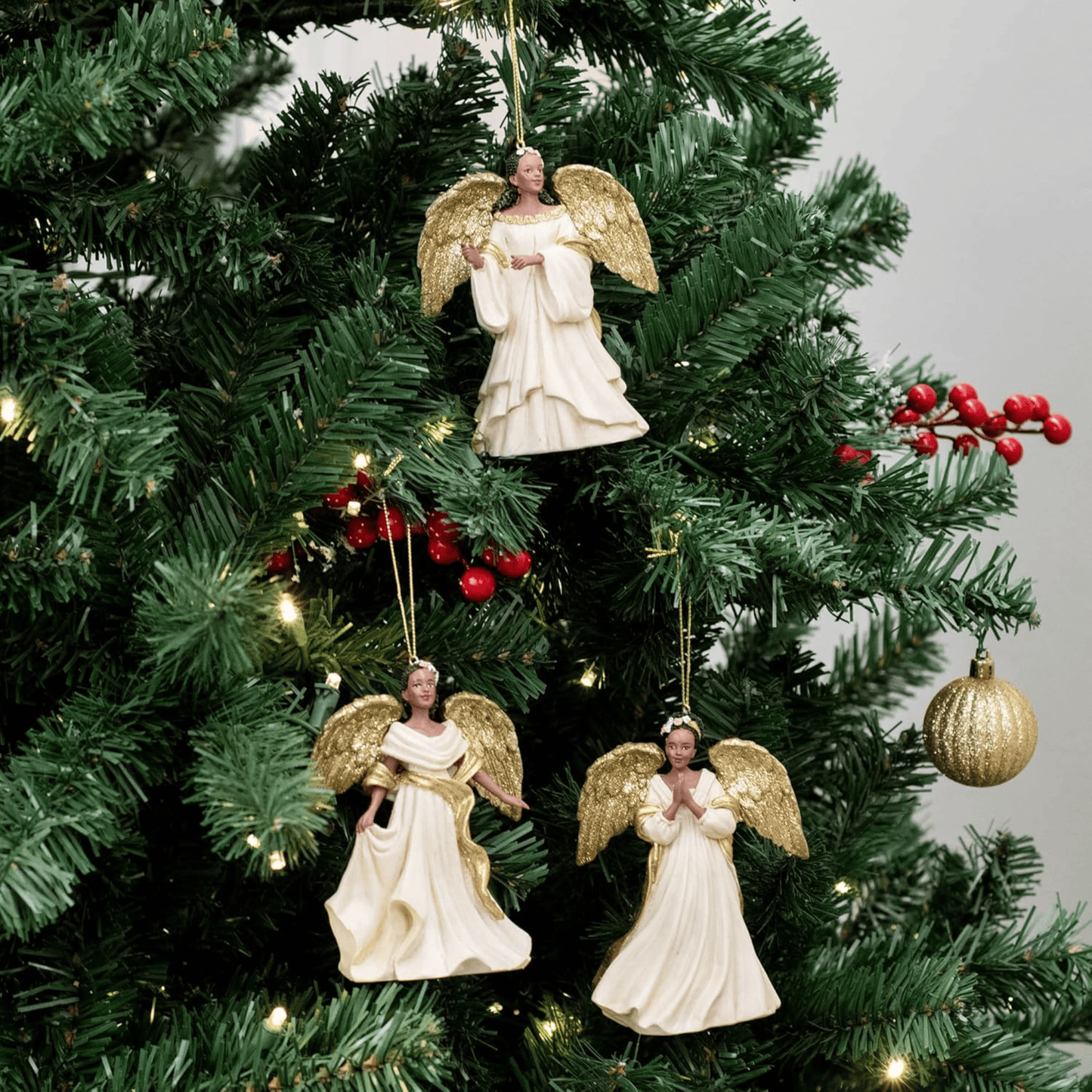 Kurt Adler Ivory and Gold African American Angel Ornaments – Set of 3 Assorted - Tree Treasures