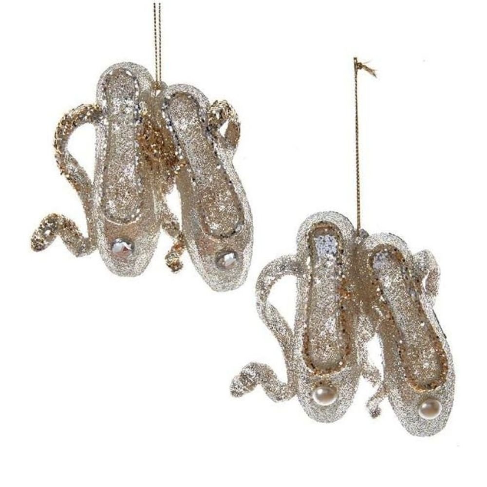 Kurt Adler Light Gold and Silver Ballet Shoes Ornament, Set of 2, 8.9 Inches - Tree Treasures