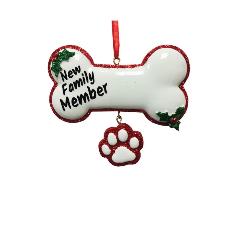 New family member dog bone ornament with customizable name area and heart design