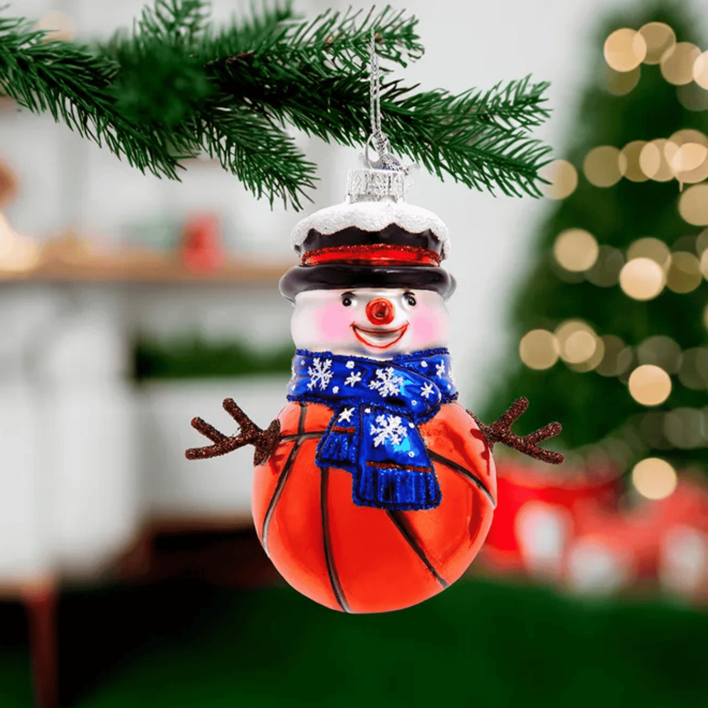 Kurt Adler Noble Gems™ Glass Basketball Snowman Ornament with Twig Arms – Sports Christmas Tree Decoration - Tree Treasures