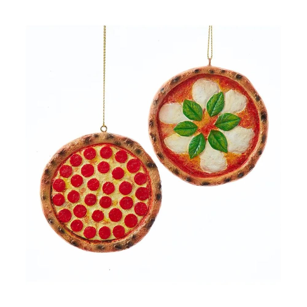 Assorted pizza slice ornaments with cheese and topping textures, set of two