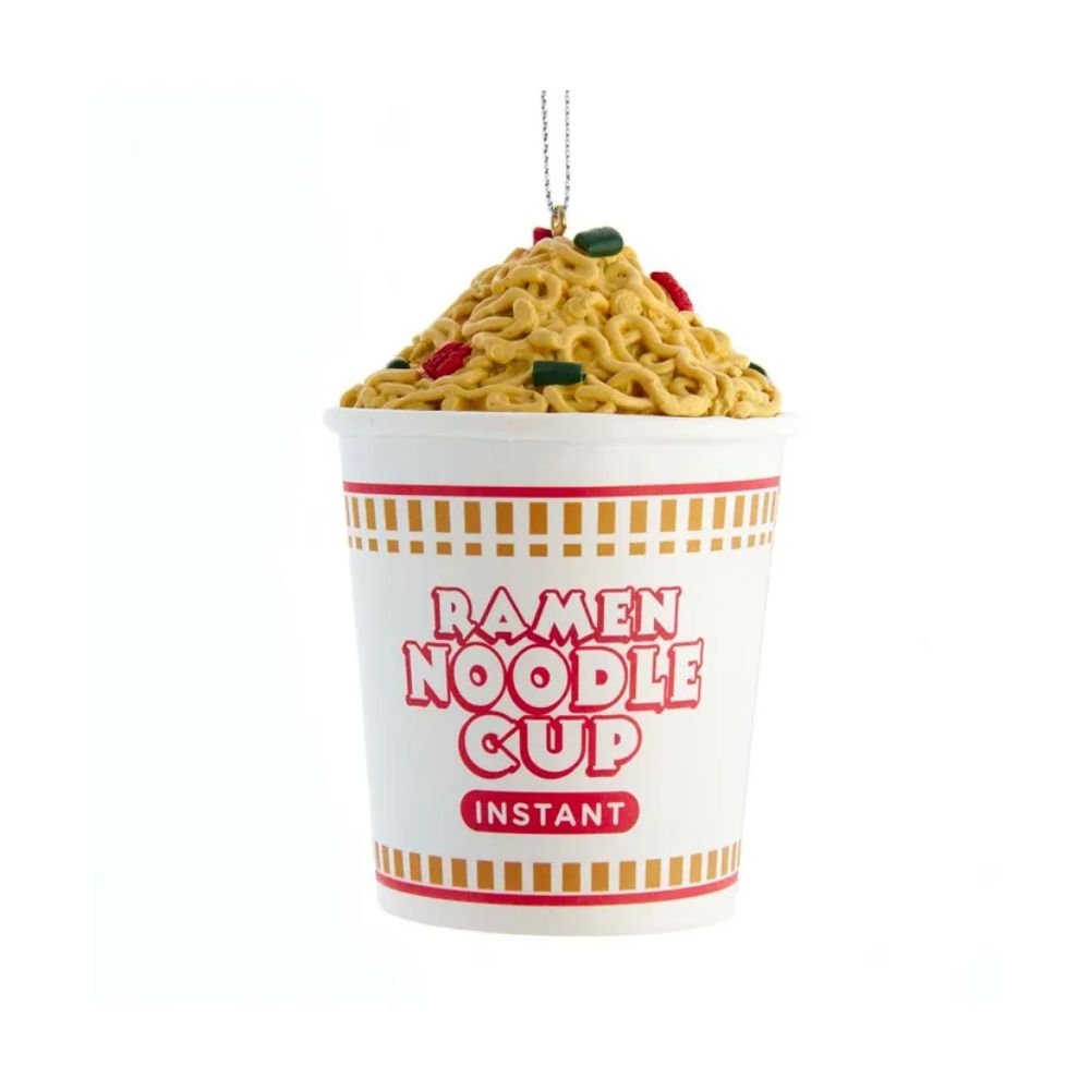 Ramen cup ornament with realistic lid design and steam print, 4-inch figure