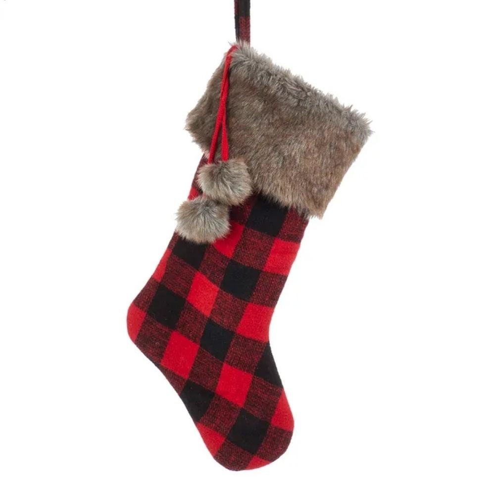 Kurt Adler Red and Black Plaid Stocking With Brown Faux Fur Cuff and Pom - Poms, 21 inches - Tree Treasures