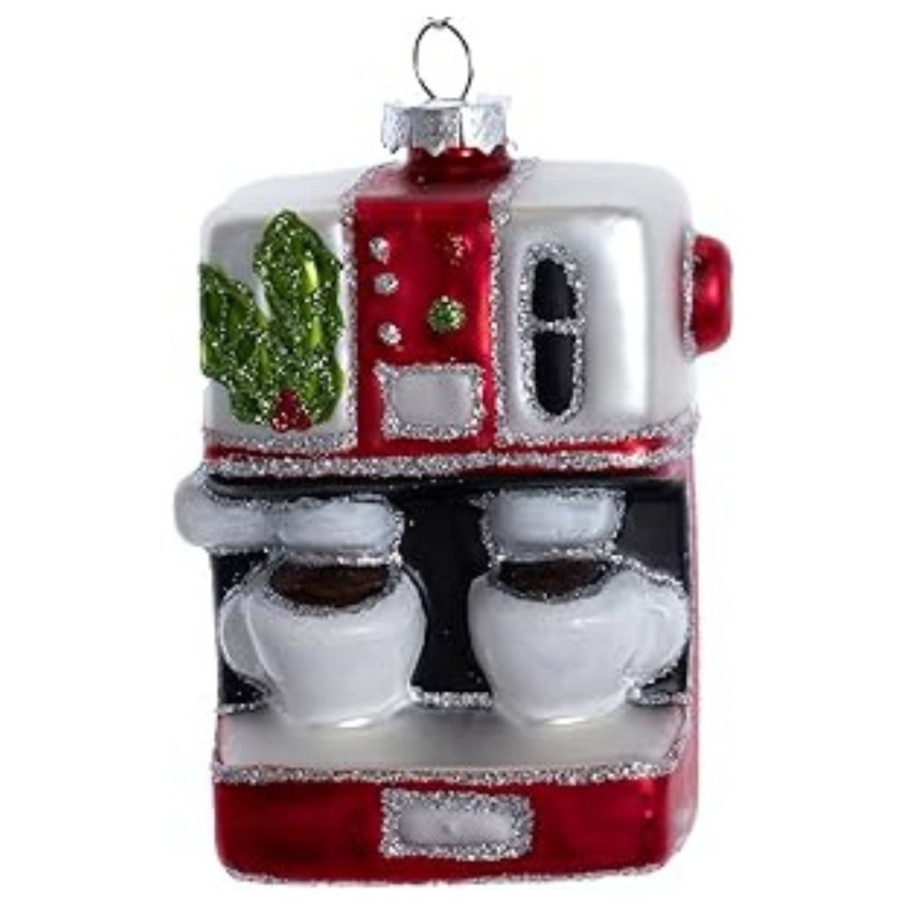 Kurt Adler Red and Silver Cappuccino Machine Glass Ornament - Tree Treasures