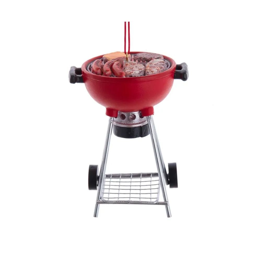 Red charcoal grill ornament with shiny enamel and food-themed holiday details