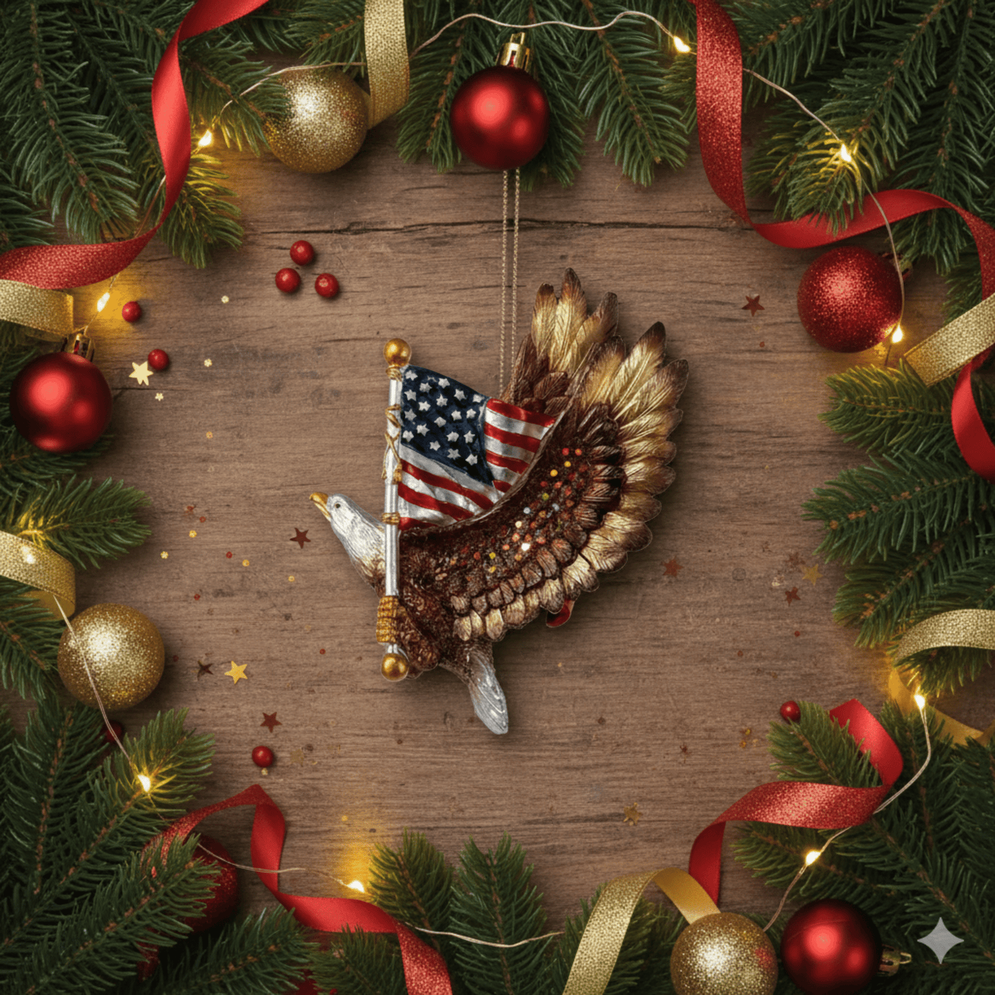 Kurt Adler Resin Patriotic Eagle with The American Flag Ornament, 5 - inches - Tree Treasures